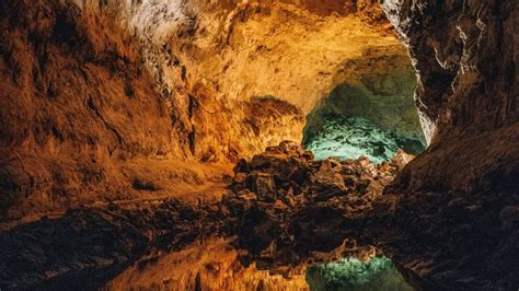 Cave Water Reflection Stone Inside Volcanic Cueva De Los Verdes