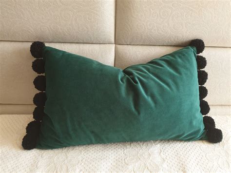 Emerald Green Pillow Cover Lumbar Pillow Case Green Pom Pom Etsy