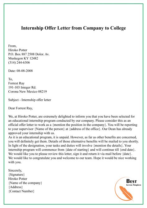 3 Free Internship Offer Letter Template Sample And Example