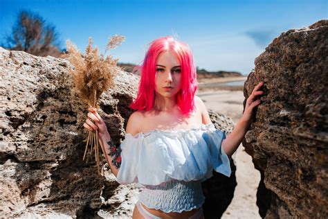 Wallpaper Pink Hair Women Outdoors Dyed Hair Portrait Tattoo Rocks White Panties