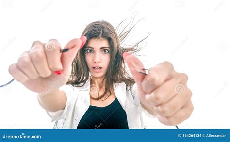 Girl Having Electric Shock Electricity Problems Girl Holds Bare Wires