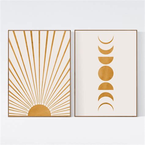 Sun And Moon Phases Art Print Boho Decor Set Of 2 Yellow And Etsy In