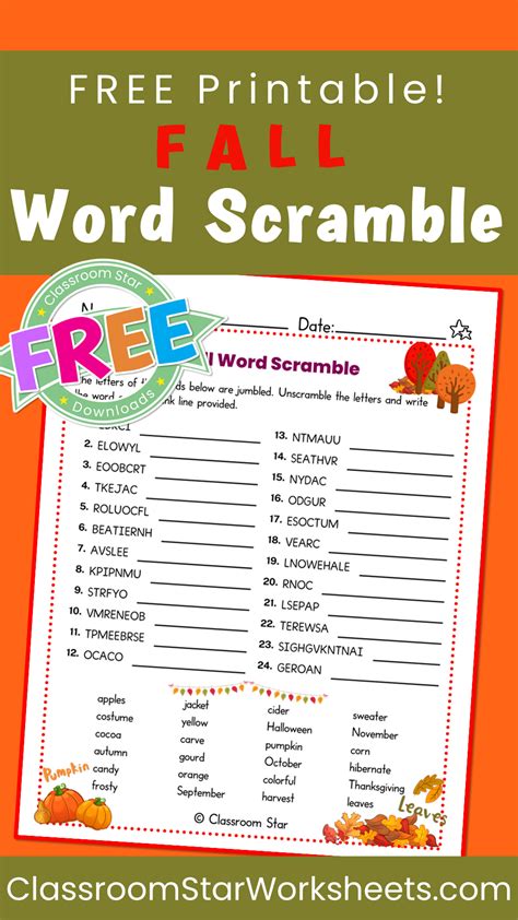 Fall Word Scramble Worksheet Classroom Star Worksheets