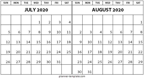 Free July August 2020 Calendar Printable Template Monthly Template