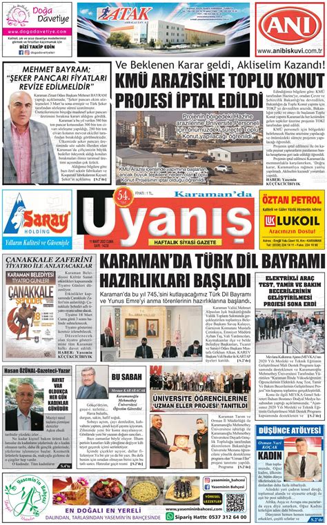 11 Mart 2022 tarihli Karamanda Uyanış Gazete Manşetleri