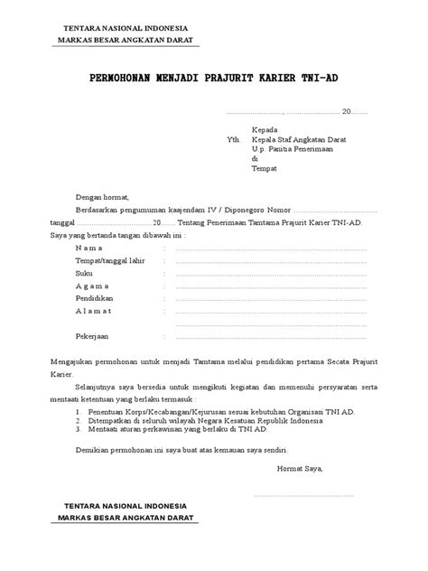 File dokumen dalam format docx microsoft word, bisa disave atau di download, bisa juga sebagai contoh surat lamaran kerja tulis tangan. Contoh Surat Lamaran Menjadi Prajurit Tni - denah