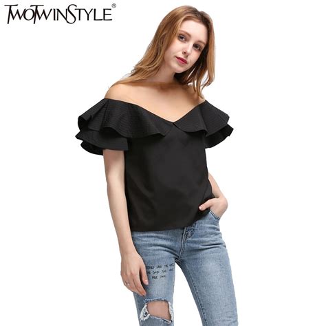 Twotwinstyle 2017 Summer Women Ruffles Short Sleeves Tops T Shirt Sexy