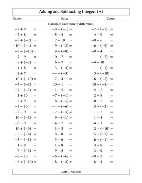 Free Printable Adding And Subtracting Integers Worksheets Printable