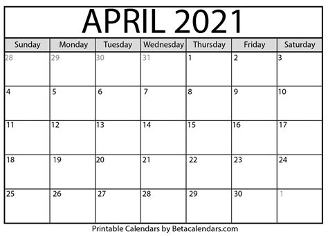 Calendar 2021 April Printable Calendars 2021
