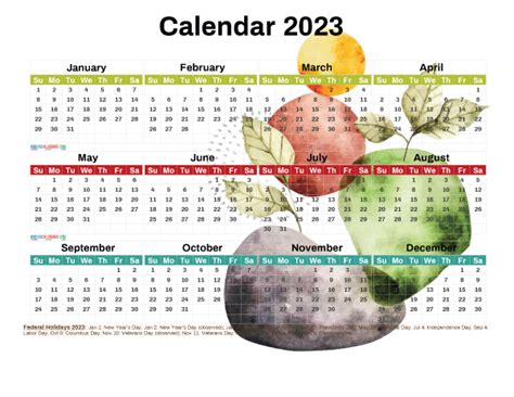 Free Printable 2023 Calendar With Holidays Pdf 12 Templates Watercolor