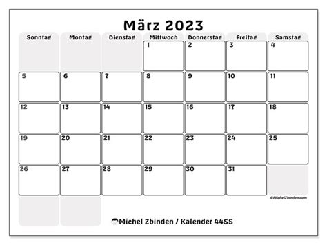 Kalender März 2023 Zum Ausdrucken “772ss” Michel Zbinden Be