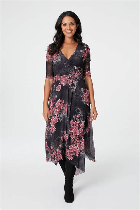 Black Floral Hanky Hem Wrap Dress