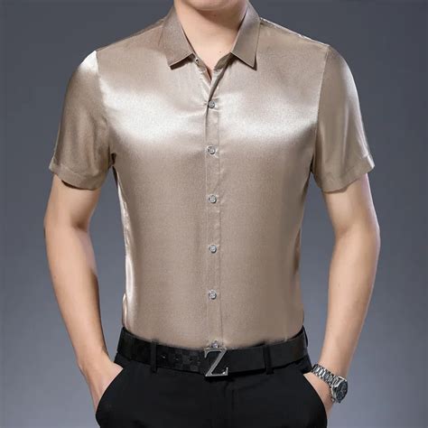 New Arrival Mens Short Sleeve Soft Silk Shirt Casual Pure Color Man