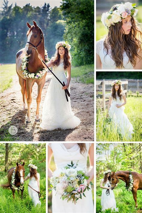 Wedding Horse With Flower Wreath And Boho Bride With Flower Crown