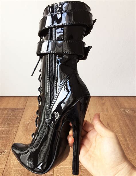 maid s ii 18cm stiletto fetish boots 2 wrap buckle strap patent black refuse to be usual