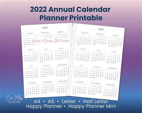 2022 Yearly Calendar Printable Calendar 2022 Printable Etsy Images