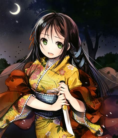 Download 2882x3369 Anime Girl Black Hair Kimono Crescent Knife