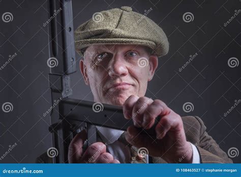 Mature Gangster Holding A Machine Gun Stock Image Image Of Mafia