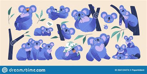 Cute Koalas Set Happy Australian Lazy Bears Stock Vector