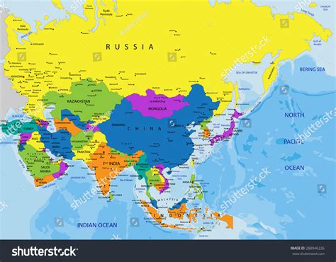 Colorful Asia Political Map Clearly Labeled Vetor Stock Livre De