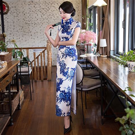 buy 2018 fashion long qipao blue and white porcelain cheongsam sexy chinese