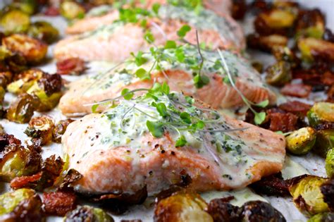 Sheet Pan Green Goddess Salmon With Bacony Brussels Sprouts The