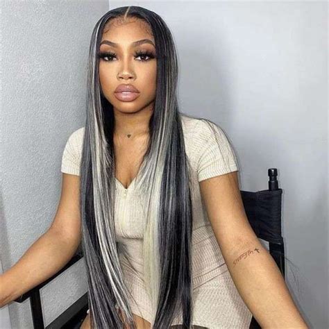 Straight Black Wigs With Gray Highlights Lace Front Wig Flash Sale SupWig