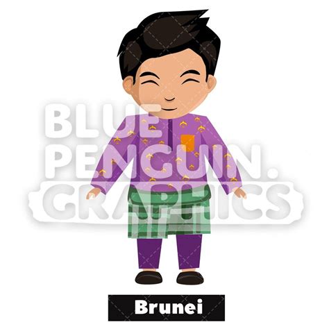 Bruneian Boy With Traditional Costume From Brunei Vector Cartoon