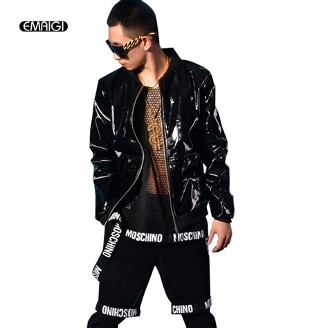 Men Black Patent Leather Jacket Coat Custom Made Stage Rock Hip Hop