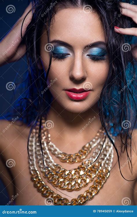 Portrait Of Beautiful Young Woman With Blue Eye Closed Stock Image