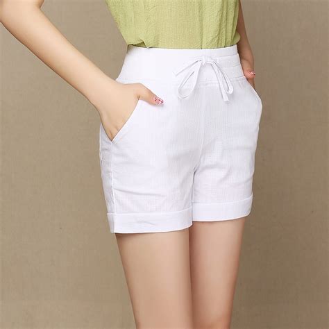 Summer Cotton Linen Shorts Women Comfortable Wide Leg Shorts Elastic