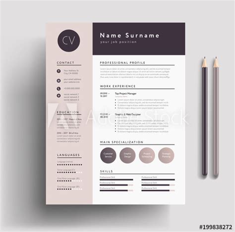 Employment concept with resume or cv on wooden work desk background with pen, glasses top view space for text. Beautiful CV / Resume template - elegant stylish design - dusty pink color background vector ...