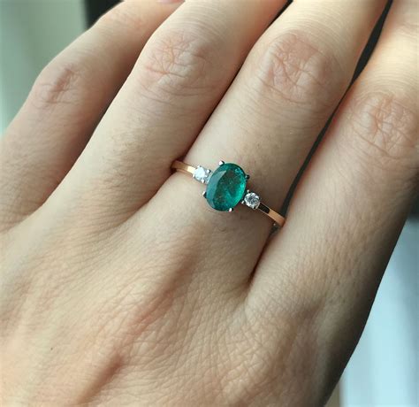 Oval Emerald Three Stone Engagement Ring Genuine Emerald Promise Ring