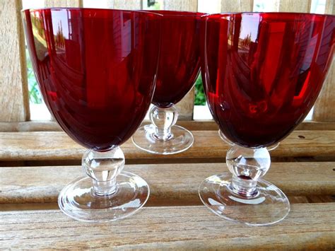 Vintage Ruby Red Crystal Goblets With Clear Stems Red Goblets Etsy