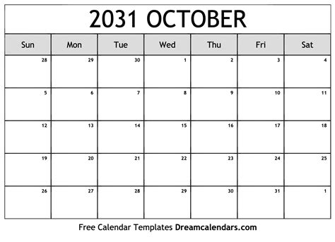 October 2031 Calendar Free Blank Printable With Holidays