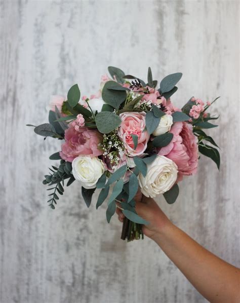 Round Blush Pink Eucalyptus Bridal Bouquet Faux Bouquet Etsy