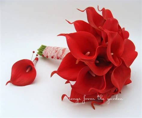 Red Real Touch Calla Lily Bridal Bouquet Groom S Boutonniere Red Ribbon