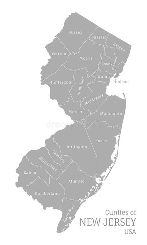 Highly Detailed Gray Map Of New Jersey Us State Stock Vector