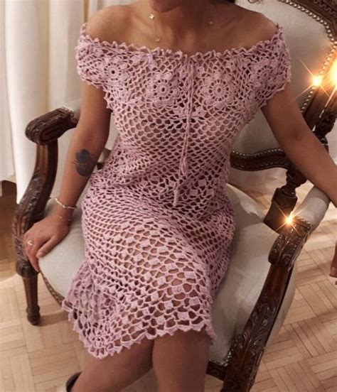 A Lovely Handmade Pink Crochet Dress With Floral Desings On It This Item Was Made With Beach