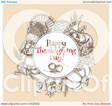 Clipart Of A Sketched Round Frame With Happy Thanksgiving