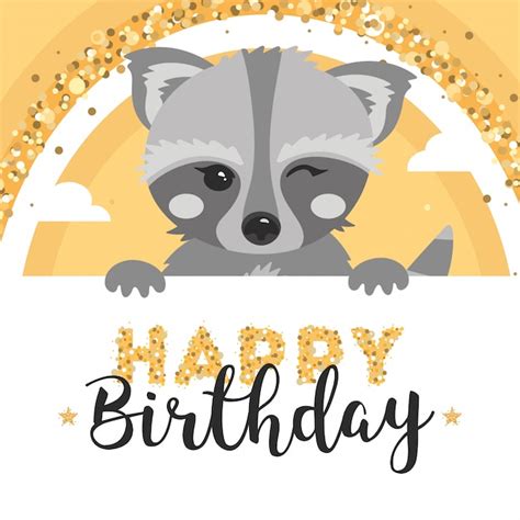 Premium Vector Greeting Card With Cute Raccoon Happy Birthday