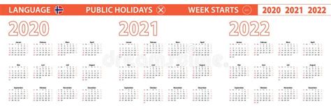 2020 2021 2022 Year Vector Calendar In Norwegian Language Week