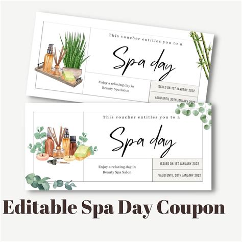 editable spa day coupon template printable coupon t idea etsy