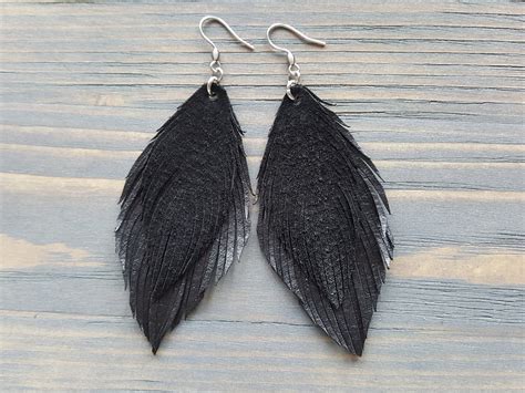 Black Feather Earrings Genuine Leather Feather Earrings Etsy Uk