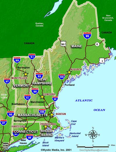 This interactive map allows students to learn all about new england's states, cities, landforms, landmarks, and places of interest by simply clicking on the points. New England State Map - Jimmie's 6 states | New england ...