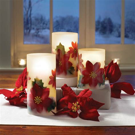 Led Flameless Holiday Poinsettia Pillar Candles Set Of 3 Shop With