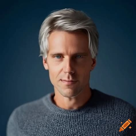Man With Stylish Blonde Grey Hair Wearing A Grey Sweater On Craiyon
