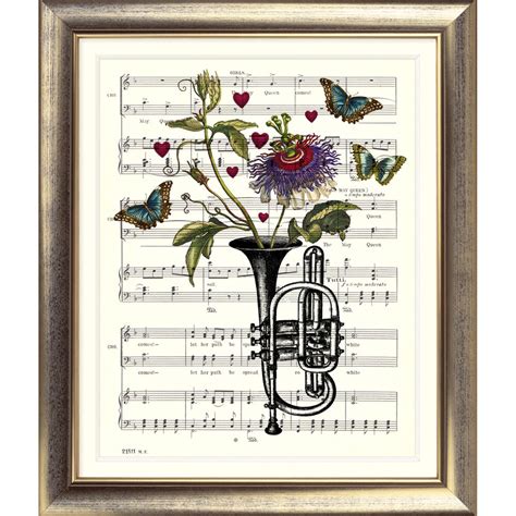 Art Print Original Vintage Music Sheet Page Trumpet Flower