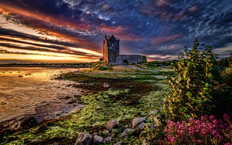 Download Wallpapers Dunguaire Castle 4k Sunset Hdr Galway Bay