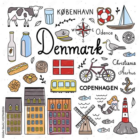 Denmark Symbols And Cute Icons Illustrations Hand Drawn Denmark And